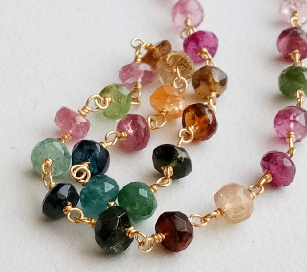 4-4.5mm Multi Tourmaline Wire Wrapped Faceted Rondelle Beads, Beaded Chain, Rosary Style Chain, 925 Silver Gold Polish (1ft To 10ft Option) 4-4.5mm Multi Tourmaline Wire Wrapped Faceted Rondelle Beads, Beaded Chain, Rosary Style Chain, 925 Silver Gold Polish (1ft To 10ft Option)