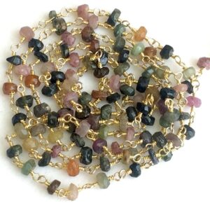 4mm Multi Tourmaline Faceted Rondelle Bead Connector Chains In 925 Silver Gold Plate Wire Wrapped Rosary Style Chain (1foot To 5feet Option)