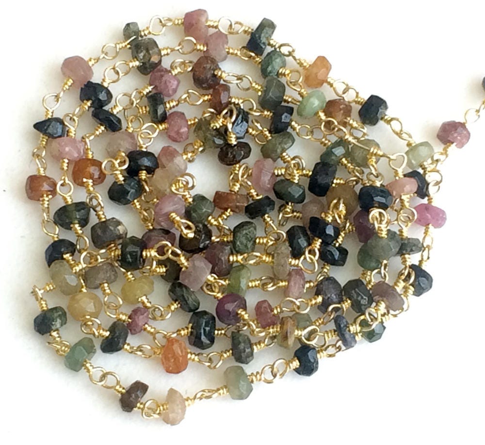 4mm Multi Tourmaline Faceted Rondelle Bead Connector Chains In 925 Silver Gold Plate Wire Wrapped Rosary Style Chain (1foot To 5feet Option)