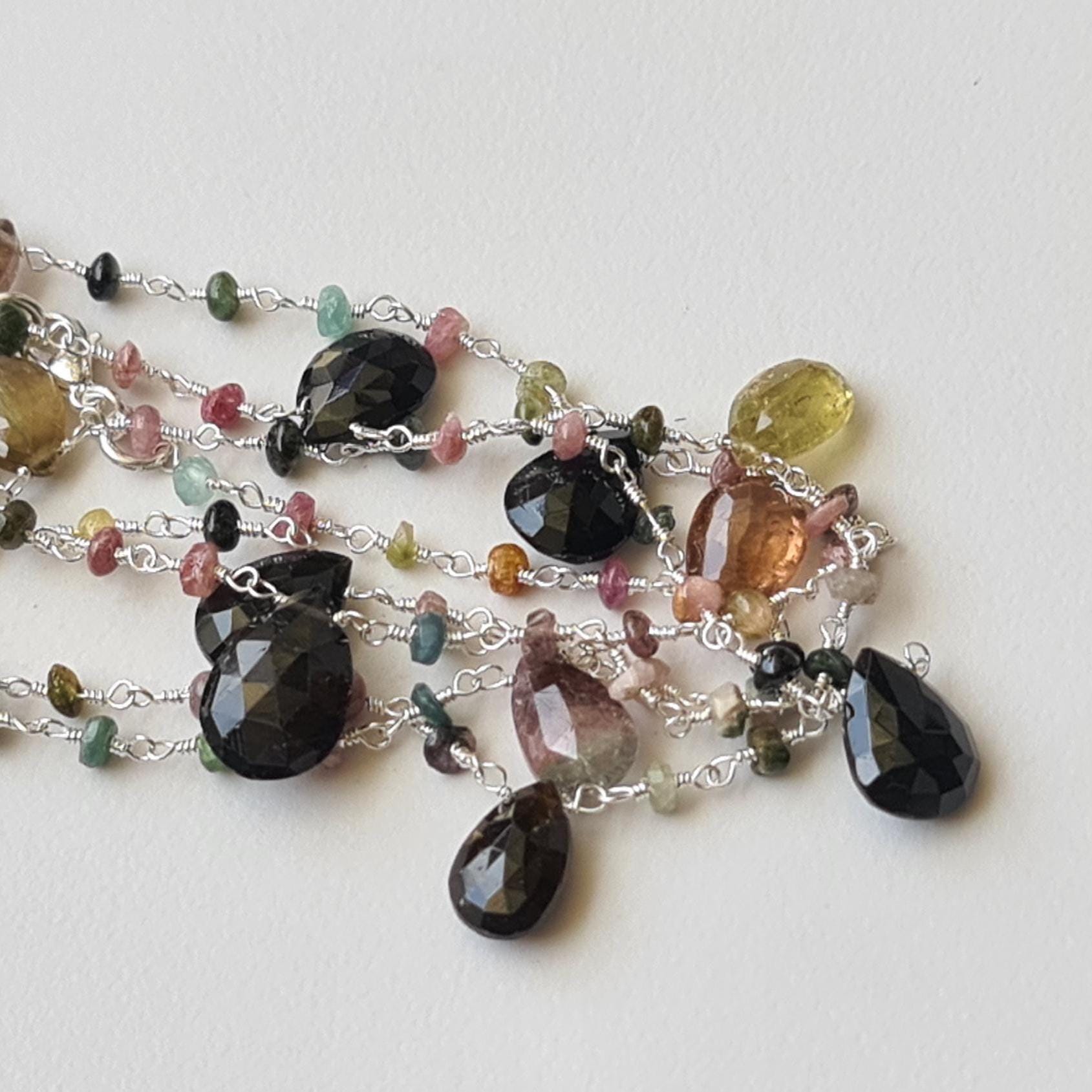 925 Silver Multi Tourmaline Rosary Chain - Faceted Rondelle & Pear