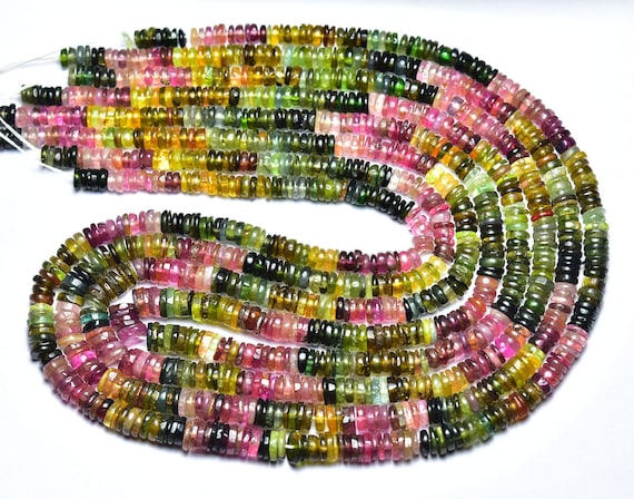 Multi Tourmaline Tyre Beads - 14 Inches - Natural Most Beautiful Multi Tourmaline Smooth Wheel Tyre - Size Is 4 - 5.5 Mm #1758