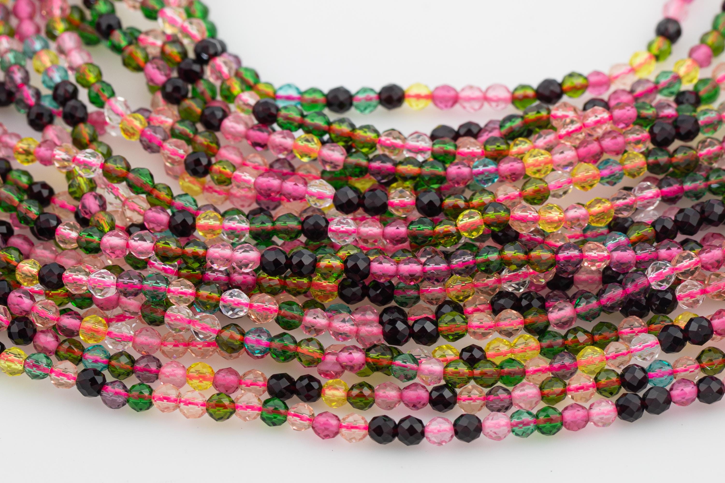 2mm Or 3mm Crystal Round -2 Or 5 Or 10 Strands- Extra Fine-14 Inches Long About 100+ Beads - Multi Tourmaline