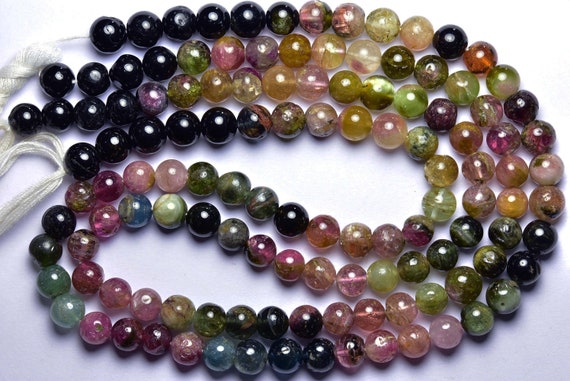 Tourmaline Round Beads - 8 Inches - Natural Beautiful Finest Quality Multi Tourmaline Smooth Round Beads Strand -  Size Is 6.5-7 Mm #1889