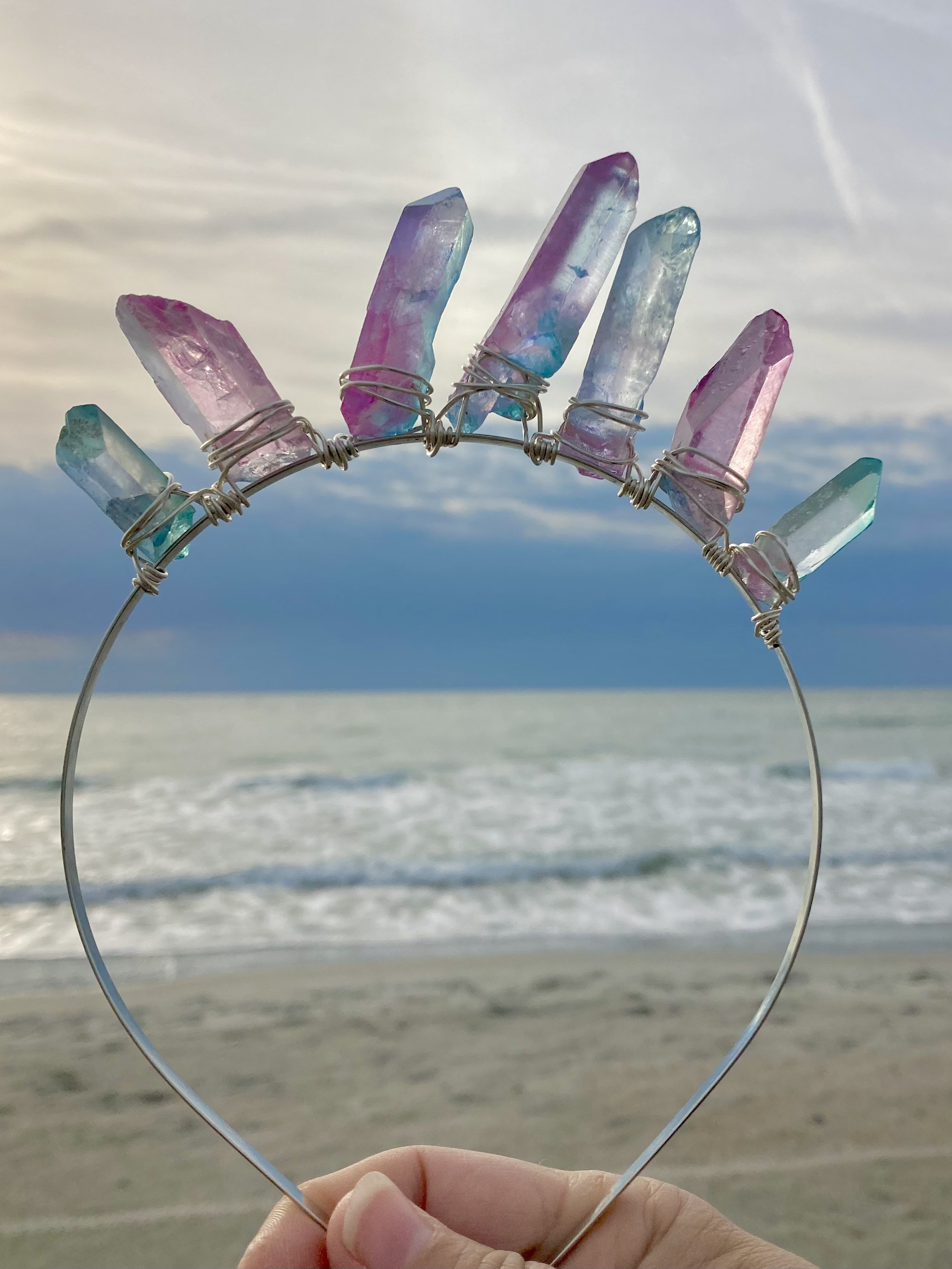 Tri-color Aura Quartz Crystal Crown: Birthday Tiara