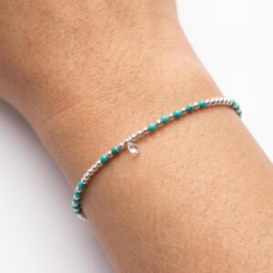 Turquoise 925 Sterling Silver Beaded Bracelet, Delicate Layering Bracelet, Boho Style Jewelry