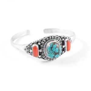 Turquoise And Coral Sterling Silver Bracelet, Tibetan Boho Jewelry