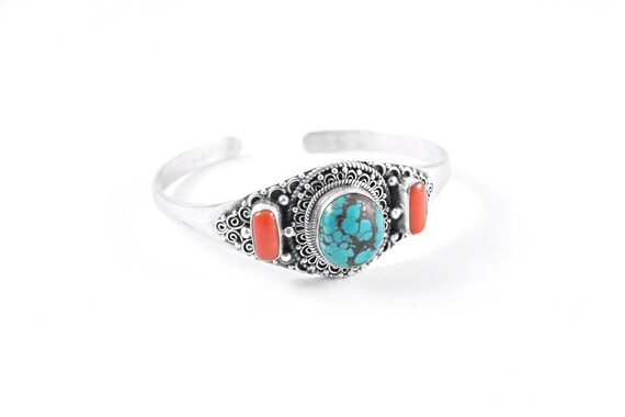 Turquoise And Coral Sterling Silver Bracelet, Tibetan Tribal Jewelry