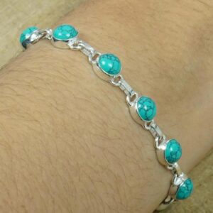 Blue Turquoise 925 Sterling Silver Round Gemstone Adjustable Bracelet