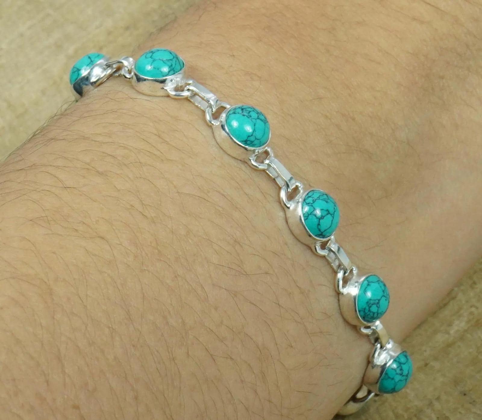 Blue Turquoise 925 Sterling Silver Round Gemstone Adjustable Bracelet