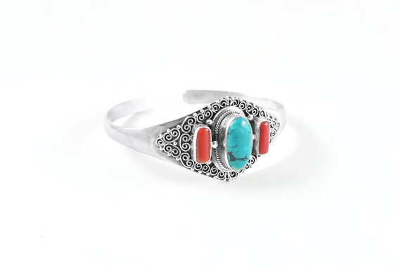 Turquoise & Coral Sterling Silver Bracelet, Tibetan Tribal Jewelry