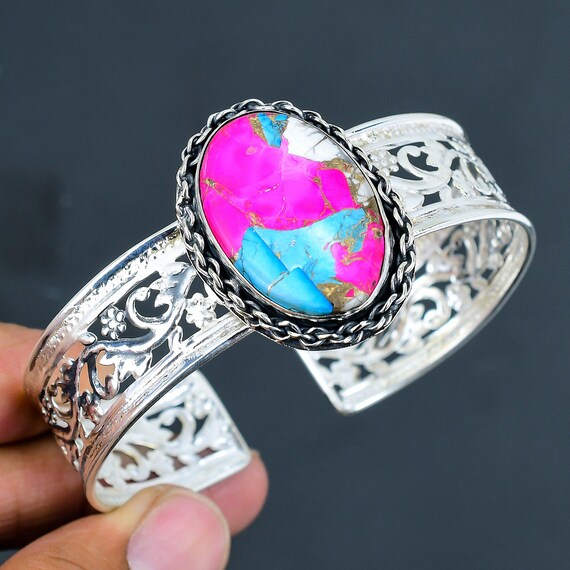 Cotton Candy Turquoise Bangle: Adjustable Sterling Silver Cuff Bracelet
