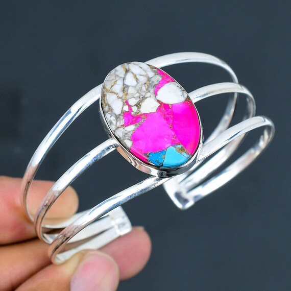 Cotton Candy Turquoise Cuff Bracelet: 925 Sterling Silver, 18k Gold Butterfly Bangle