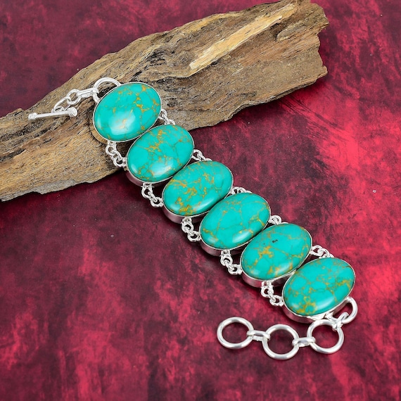 Green Turquoise Bracelet, 925 Sterling Silver Bracelet, Adjustable Chain Bracelet, Bracelet For Women, Handmade Jewelry, Thanksgiving Gifts