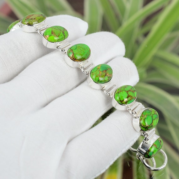 Handmade Copper Green Turquoise Bracelet: 925 Sterling Silver Adjustable Jewelry