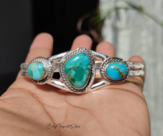 Handmade Kingman Turquoise Bangle: 925 Sterling Silver Boho Statement Jewelry