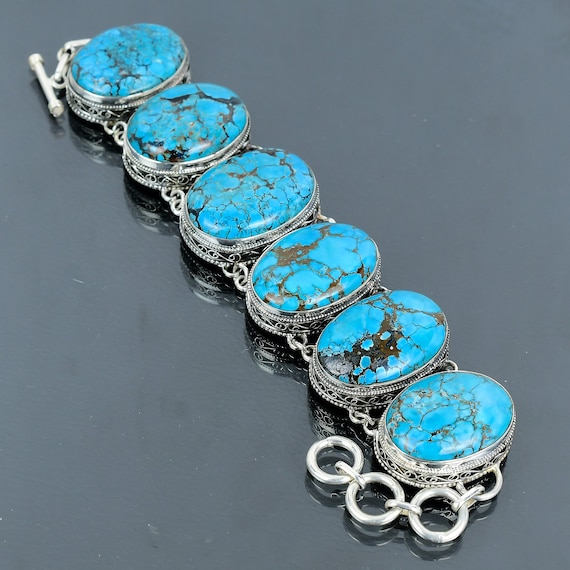 Handmade Tibetan Turquoise Bracelet: Vintage 925 Sterling Silver Adjustable Chain