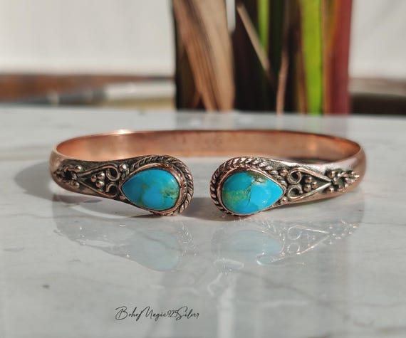 Kingman Turquoise Copper Bangle - Handmade Cuff Bracelet Jewelry - Women's Gift