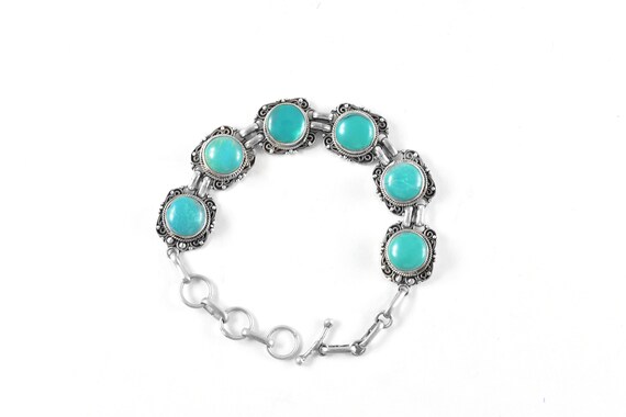 Natural Turquoise Sterling Silver Bracelet, Tibetan Tribal Boho Jewelry