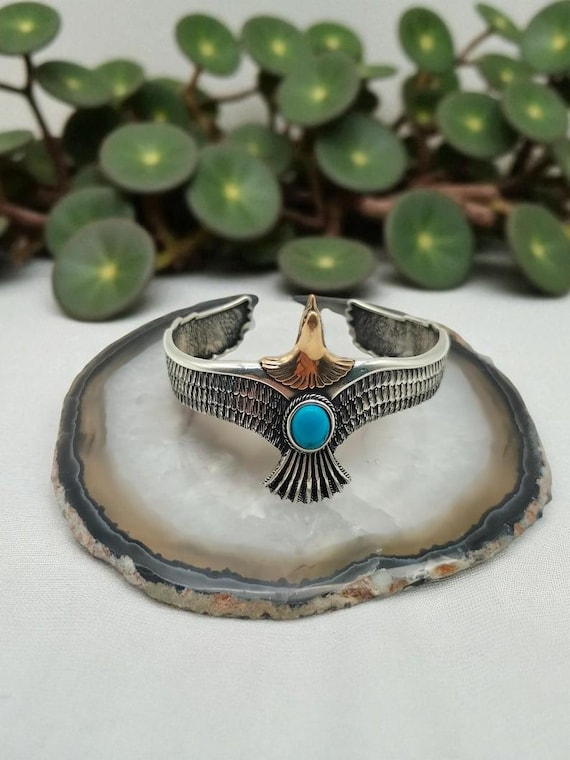 Silver Turquoise Stone Eagle Bracelet, Wild Eagle Cuff Bracelet, Eagle Head Bracelet For Men, Turquoise Stone Handmade 925 Sterling Silver