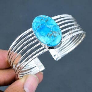 Tibetan Turquoise Bangle: Handmade 925 Sterling Silver Adjustable Cuff