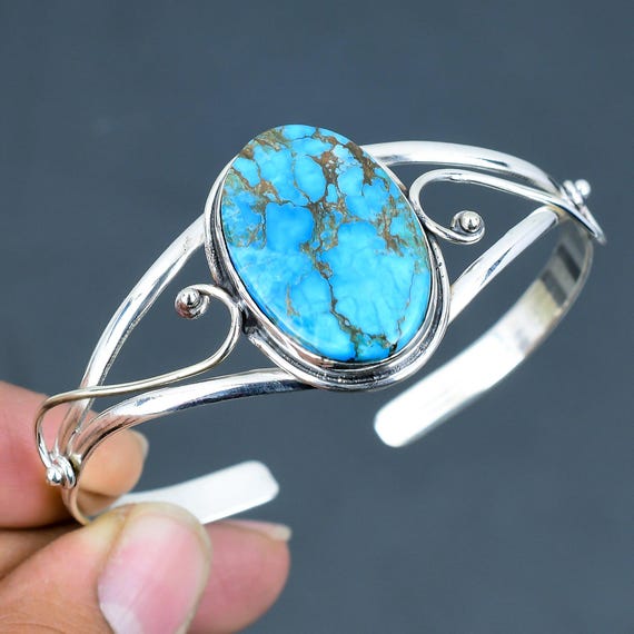 Tibetan Turquoise Cuff Bracelet: Adjustable Sterling Silver Bangle