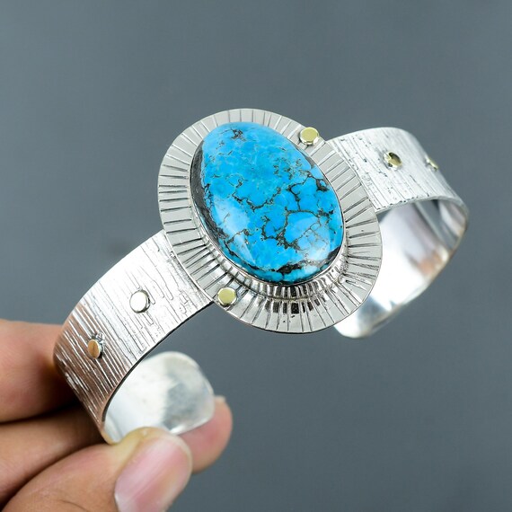 Tibetan Turquoise Cuff Bracelet: Handmade 925 Sterling Silver Adjustable Bangle