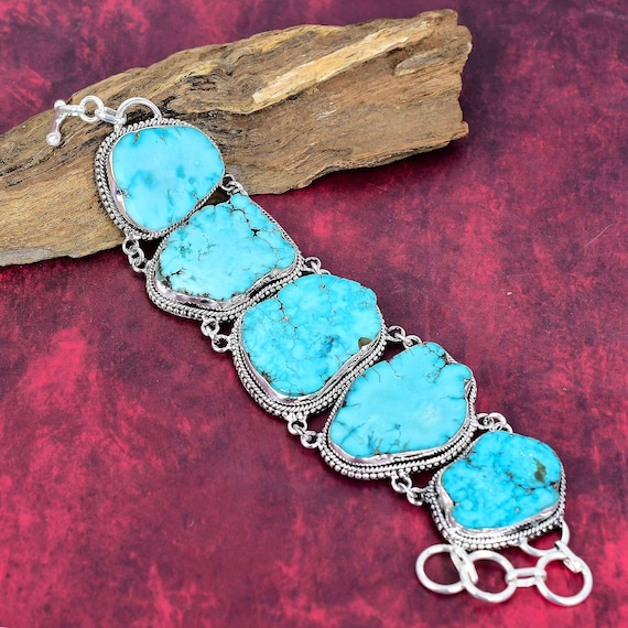 Tibetan Turquoise Gemstone Handmade 925 Sterling Silver Bracelet 925 Stamped Gemstone Natural Tibetan Turquoise Bracelet Gift For Her