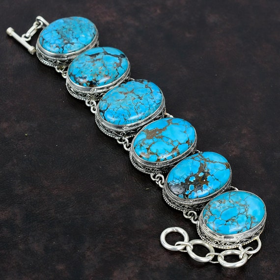 Tibetan Turquoise Bracelet: Handmade 925 Sterling Silver Adjustable Chain