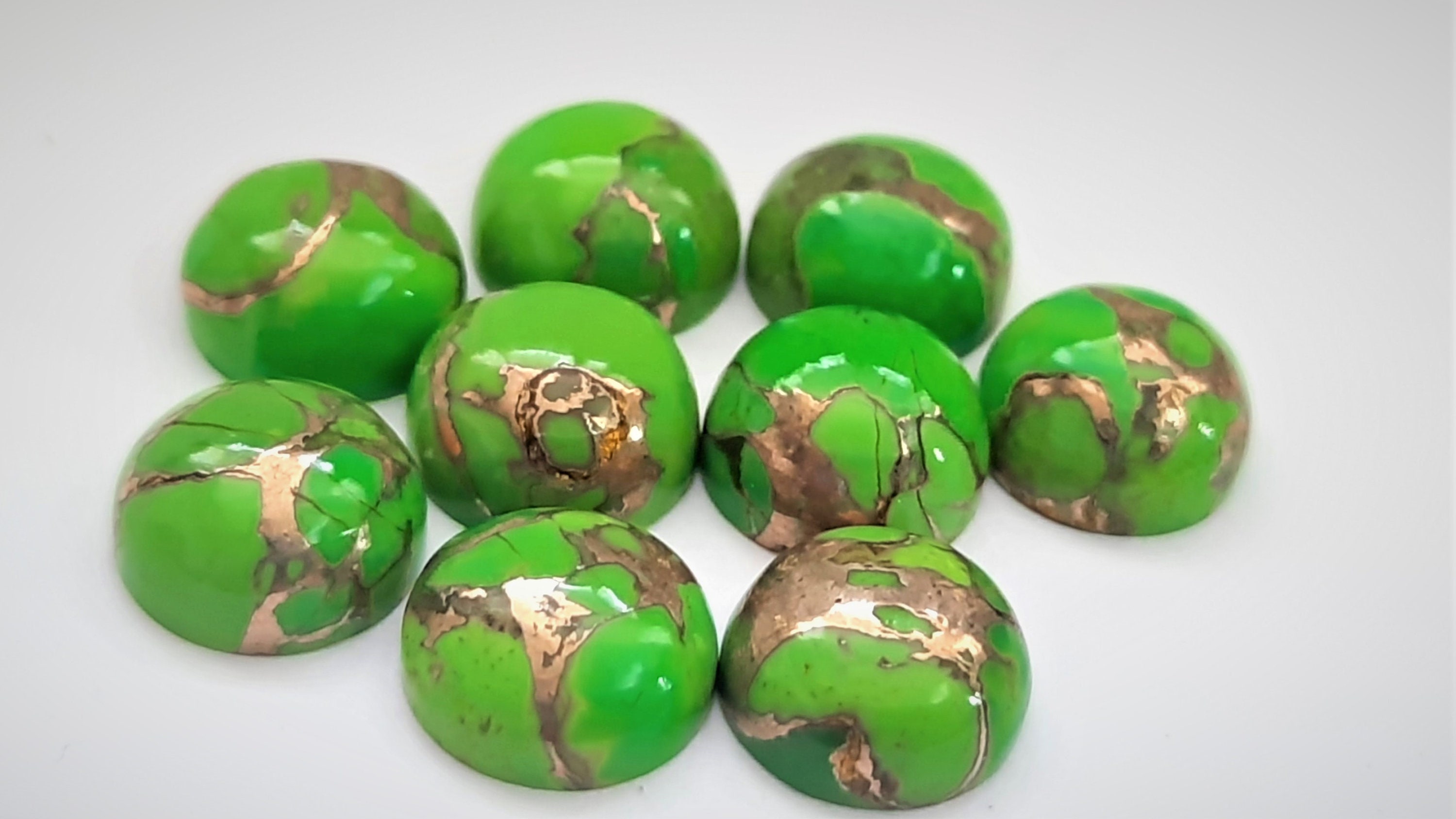 Green Copper Mohave Turquoise Cabochon: Round Gemstone (8x8 To 20x20 Mm) Green Copper Mohave Turquoise Cabochon: Round Gemstone (8x8 To 20x20 Mm)