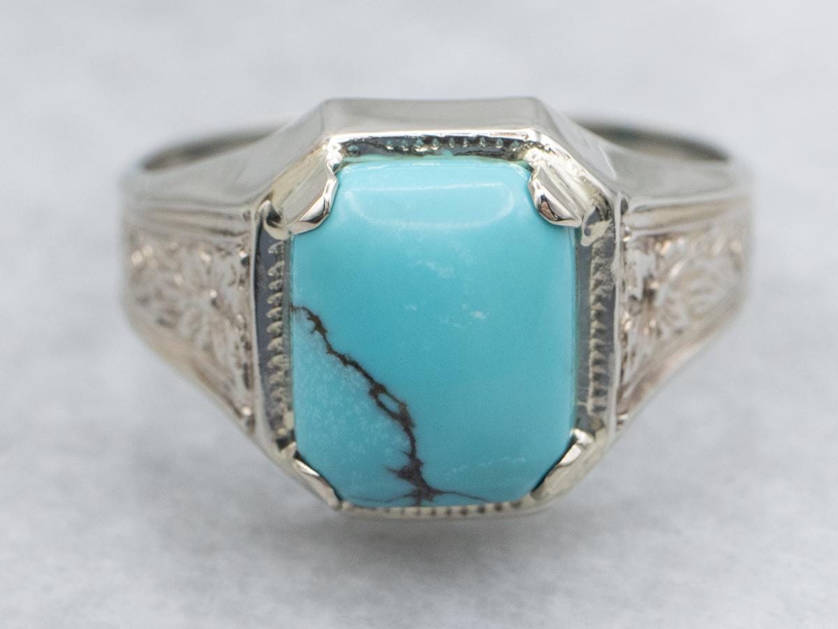 Turquoise Cabochon In Antique Engraved Floral Pattern Setting