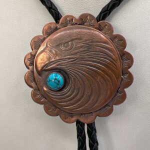 Men's Bolo Tie, Copper, Custom Made Proud Eagle, Turquoise Cabochon, Brown Leather Cord, Copper Tips