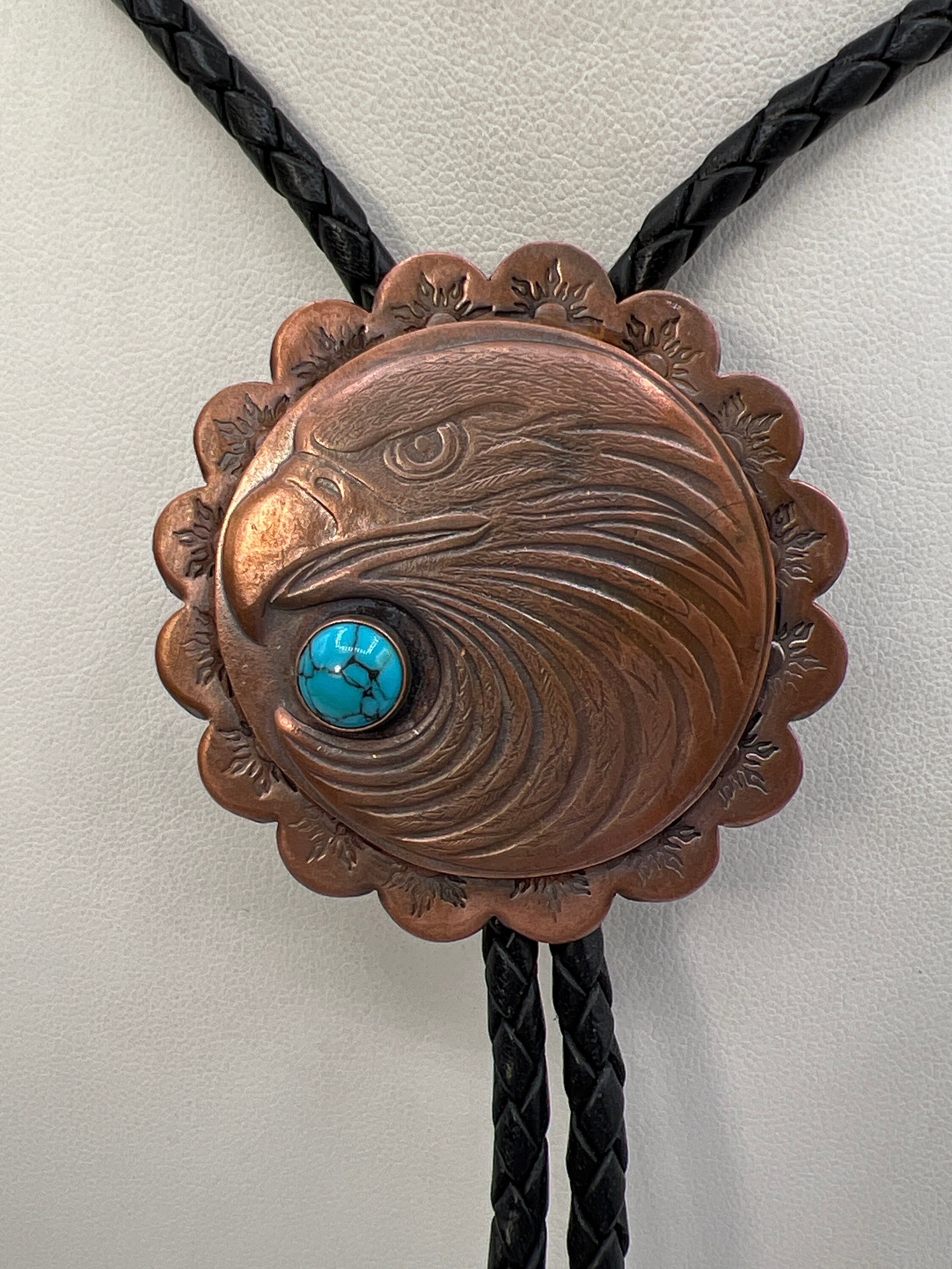Men's Bolo Tie, Copper, Custom Made Proud Eagle, Turquoise Cabochon, Brown Leather Cord, Copper Tips Men's Bolo Tie, Copper, Custom Made Proud Eagle, Turquoise Cabochon, Brown Leather Cord, Copper Tips