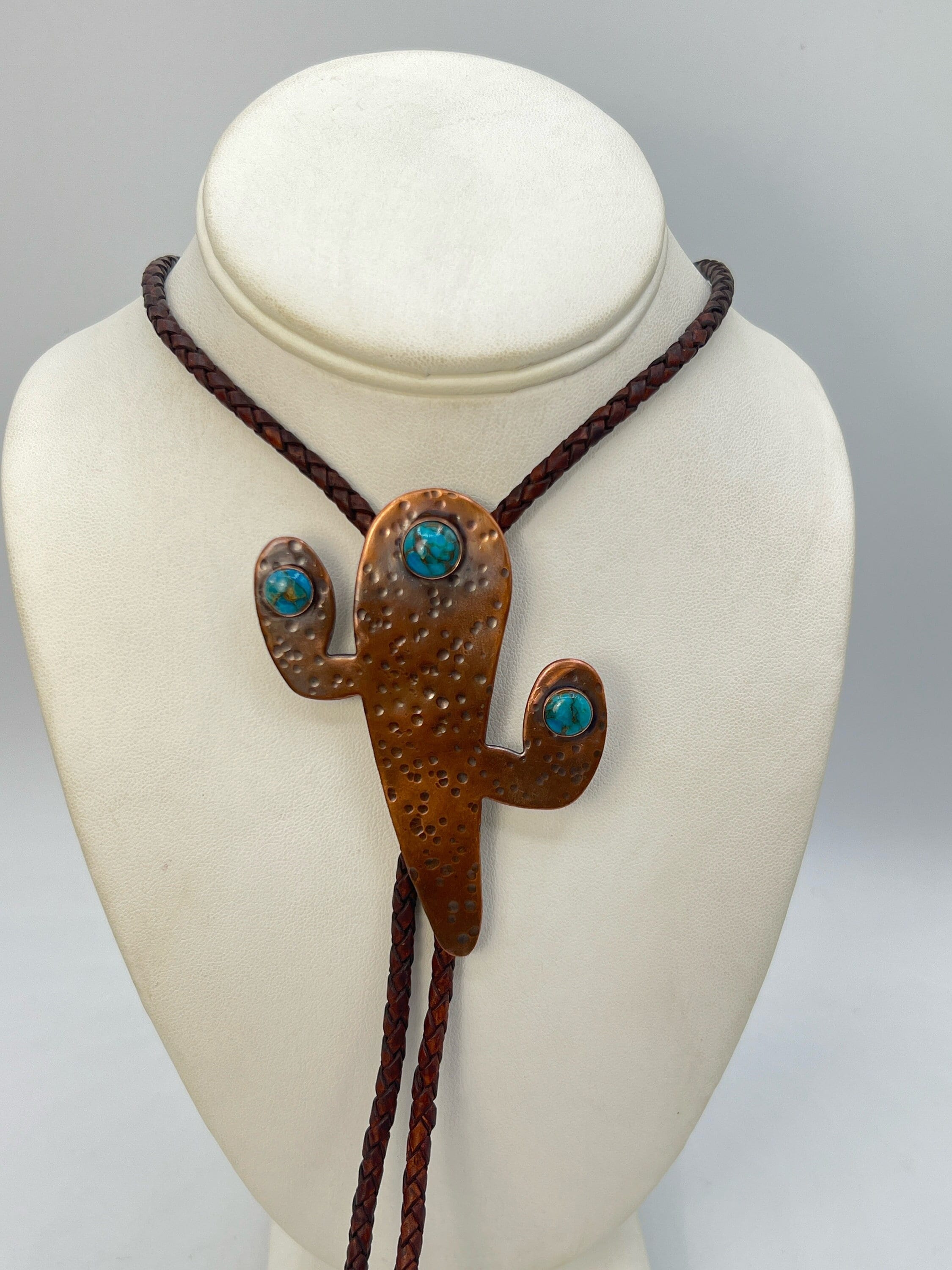 Men's Cactus Bolo Tie, Custom Made Copper Cactus, Turquoise Cabochon, Brown Leather Cord, Copper Tips Men's Cactus Bolo Tie, Custom Made Copper Cactus, Turquoise Cabochon, Brown Leather Cord, Copper Tips