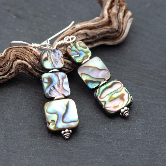 Abalone Shell Earrings, Summer Bright Turquoise And Blue Dangles, Iridescent Paua Shell Jewelry, 925 Sterling Silver French Ear Wires
