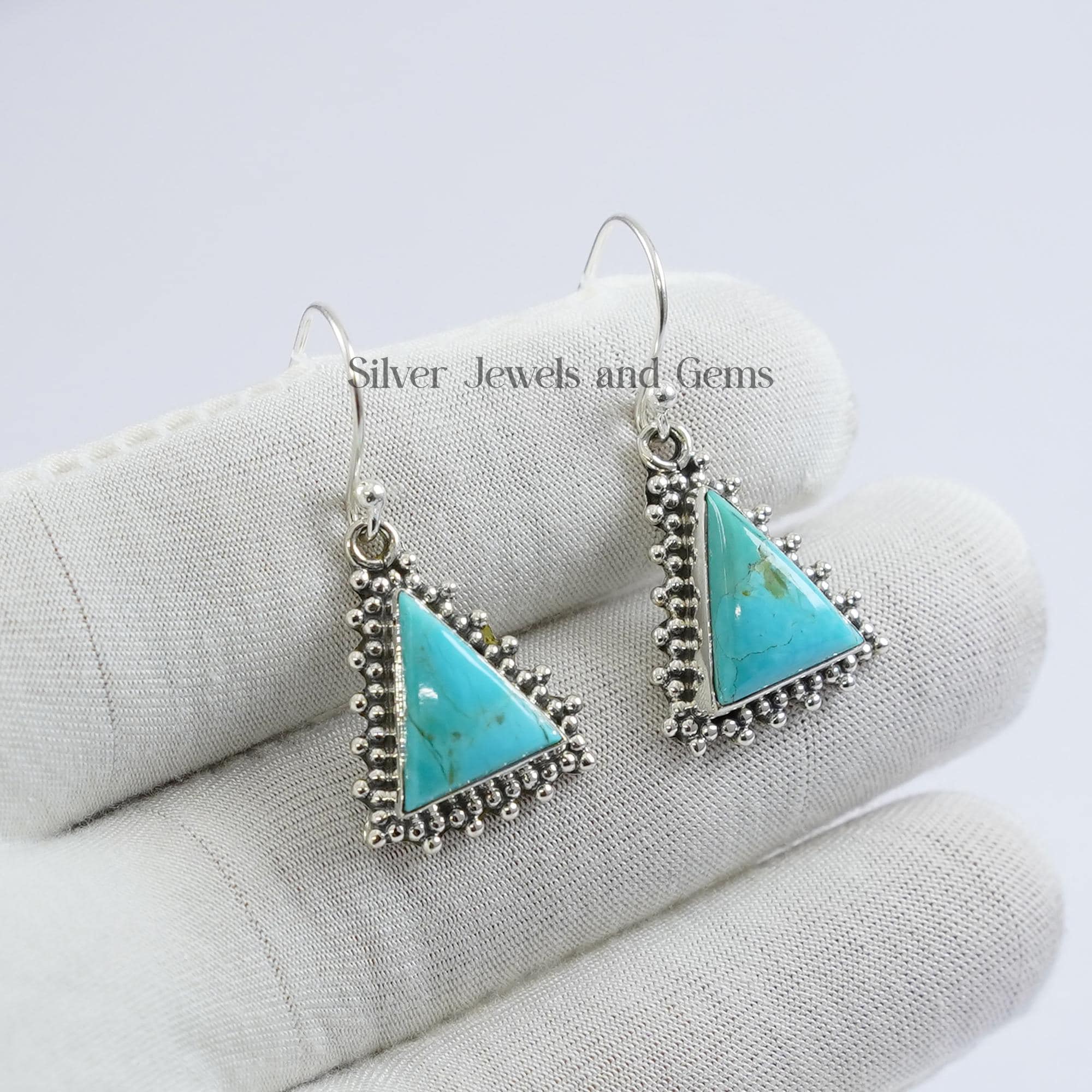 Arizona Turquoise Earrings, 925 Sterling Silver, Boho Triangle Earrings
