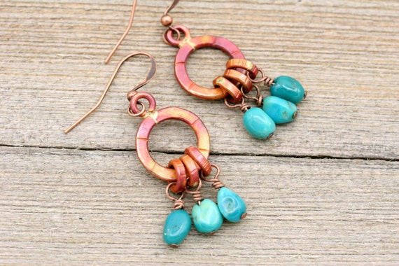 Copper Hoop Earrings: Sleeping Beauty Turquoise, Boho Southwestern Style