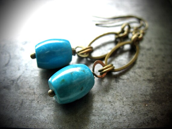 Turquoise Gemstone Antiqued Brass Hoop Dangle Drop Earrings Handmade In Usa