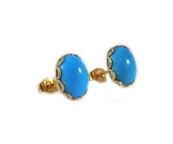 Genuine Turquoise Earrings Medieval Traveler Amulet 18th Century Gem Antique Gemstone Cabochon Turquoise Studs 14kt Gold Fill #66521