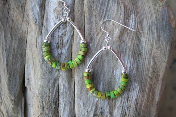 Green Turquoise Sterling Silver Hoop Earrings: Boho Sundance Style Green Turquoise Sterling Silver Hoop Earrings: Boho Sundance Style