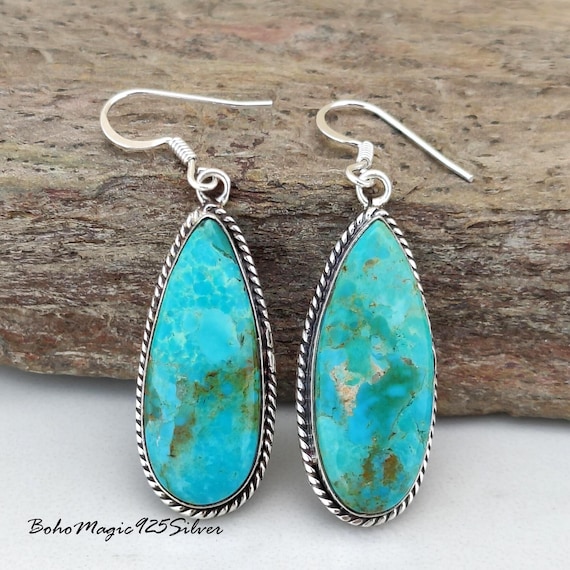 Handmade Kingman Turquoise Dangle Earrings, 925 Sterling Silver Jewelry