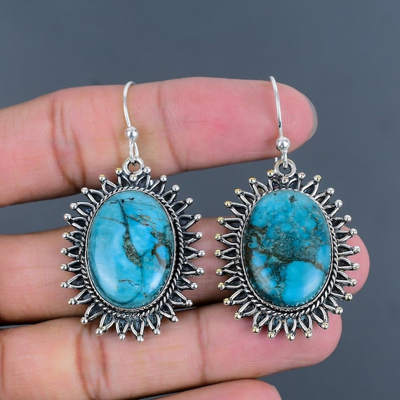Handmade Tibetan Turquoise Earrings: 925 Sterling Silver Gemstone Jewelry