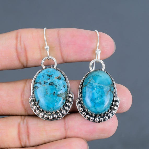 Handmade Tibetan Turquoise Dangle Earrings: 925 Sterling Silver