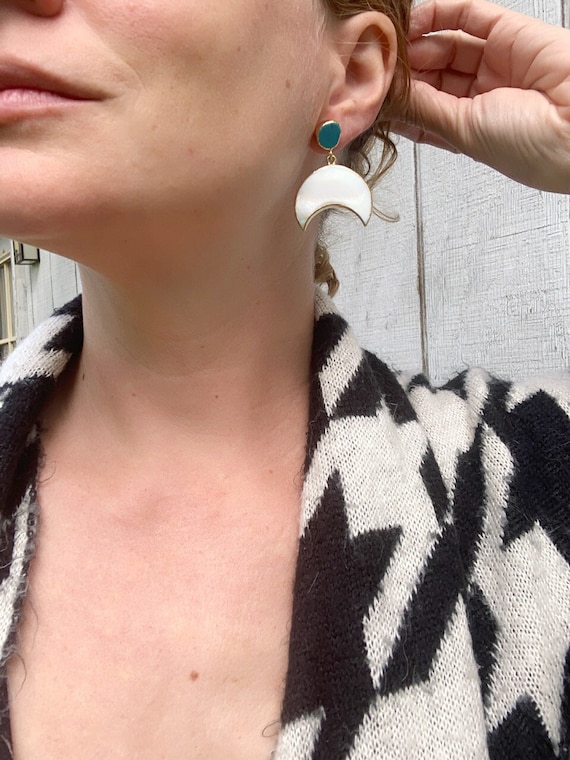 Horizontal White Mother Of Pearl And Turquoise Gold Dipped Crescent Moon Statement Earrings | Moon Jewelry | Witchy | Celestial Jewelry