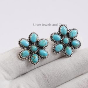 Kingman Turquoise Flower Stud Earrings, Boho Earrings, 925 Sterling Silver Earrings, Cluster Jewelry, Engagement Stud Earring