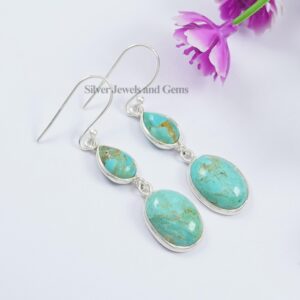 Natural Arizona Turquoise Earring, Hanging 2 Stone Bezel Earring, 925 Sterling Silver Earrings, Wedding Gift, Handmade Long Earrings