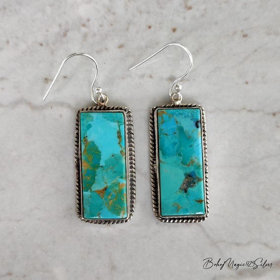 Natural Kingman Turquoise Dangle Earrings, Handmade 925 Sterling Silver Women Jewelry