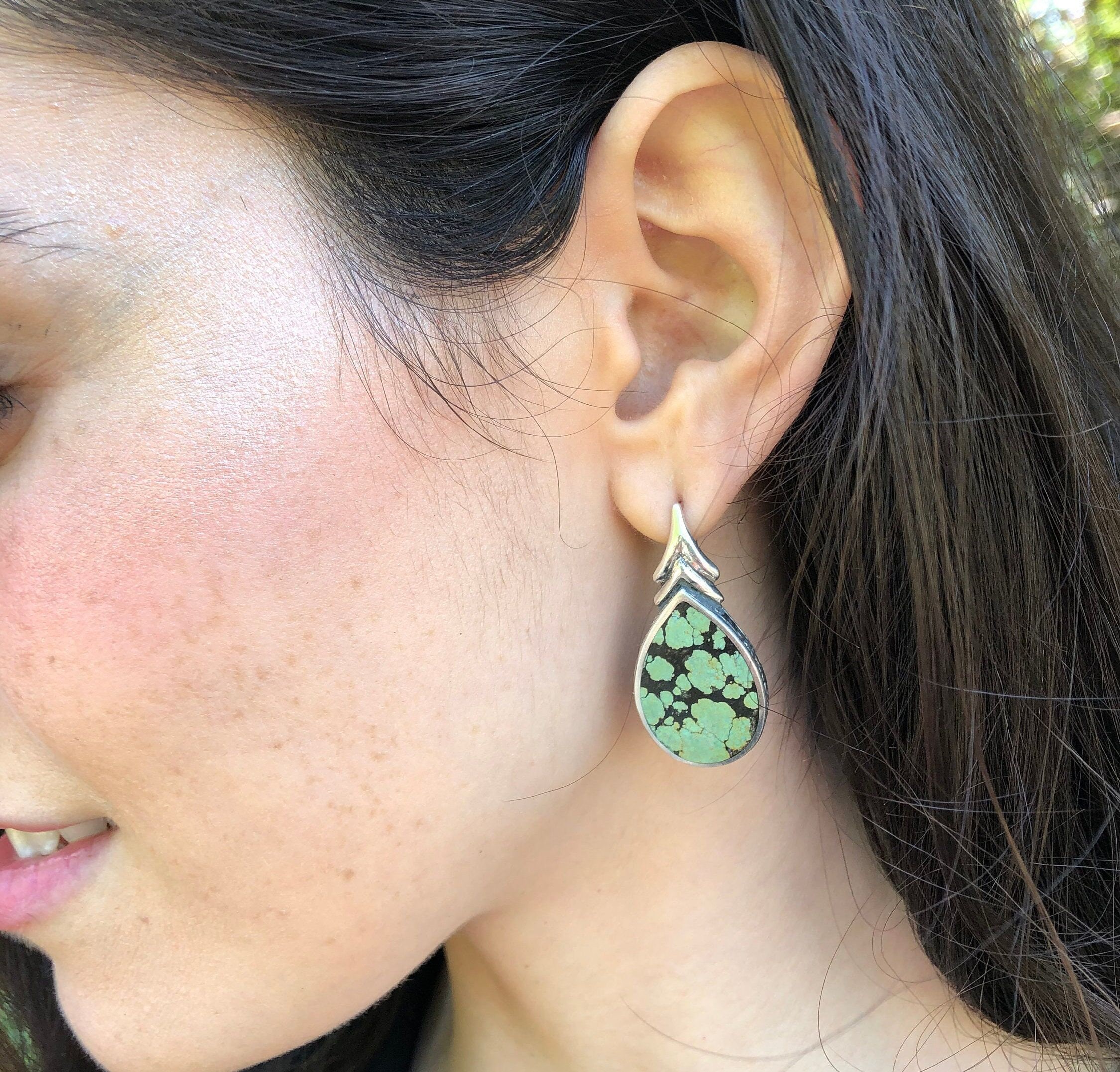 Turquoise Earrings, Natural Turquoise, Leaf Vintage Earrings, Green Boho Earrings, December Birthstone, Statement Earrings, Silver Earrings