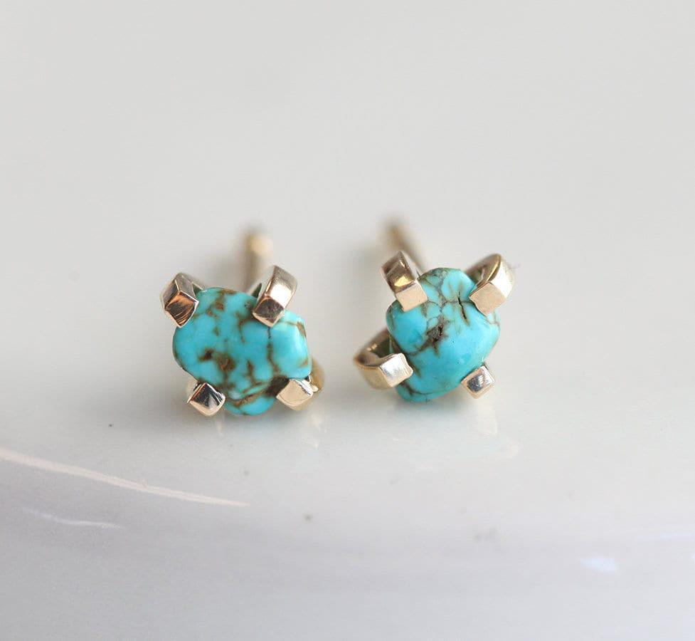 Raw Turquise Stud Earrings, Genuine Turquoise Earrings, Raw Stone Studs, Everyday Earrings 14k