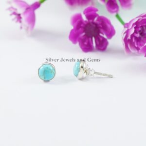 Round Turquoise Stud Earrings, Arizona Turquoise Studs, Tiny Stud Earrings, 925 Sterling Silver Studs, Gift for Daughter