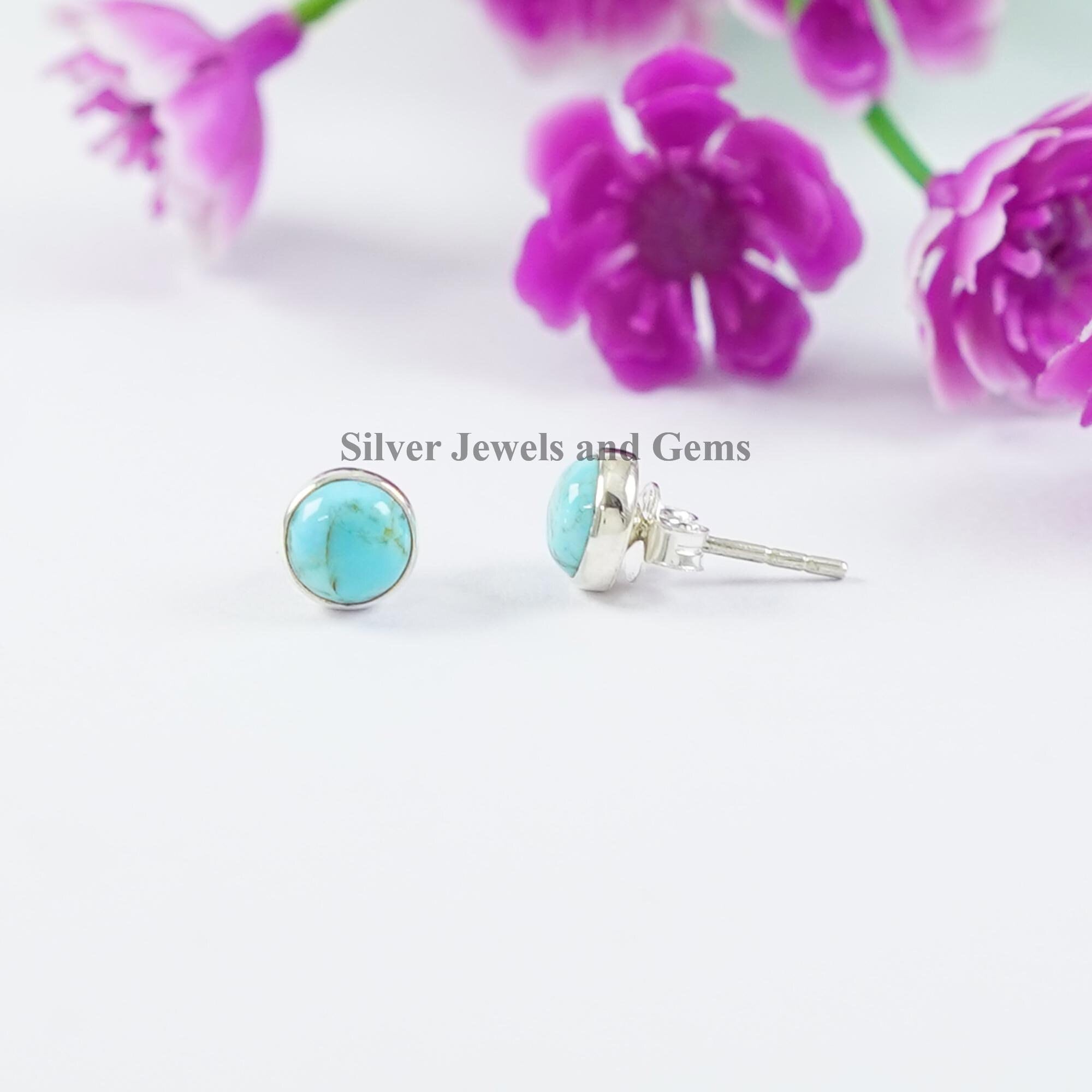 Round Turquoise Stud Earrings, Arizona Turquoise Studs, Tiny Stud Earrings, 925 Sterling Silver Studs, Gift For Daughter